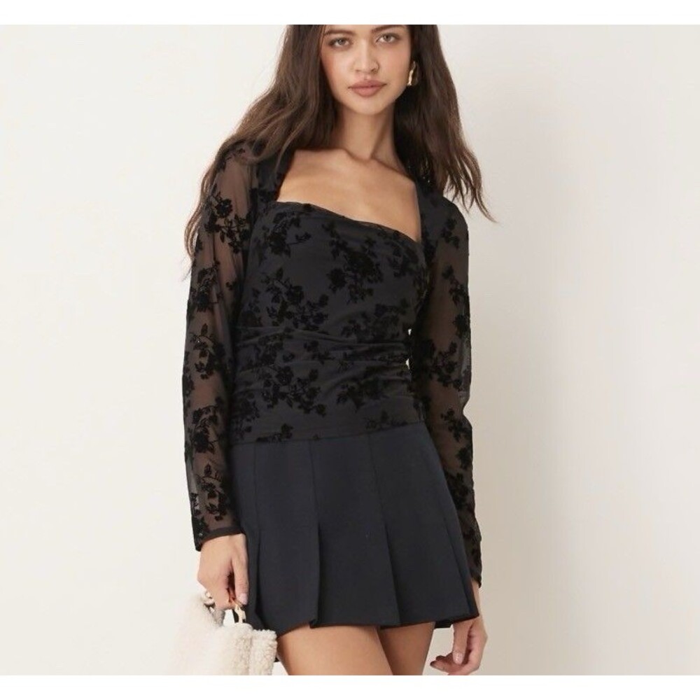 Abercrombie & Fitch Flocked Floral Mesh Long Sleeve Top Sz M Black Dark Goth